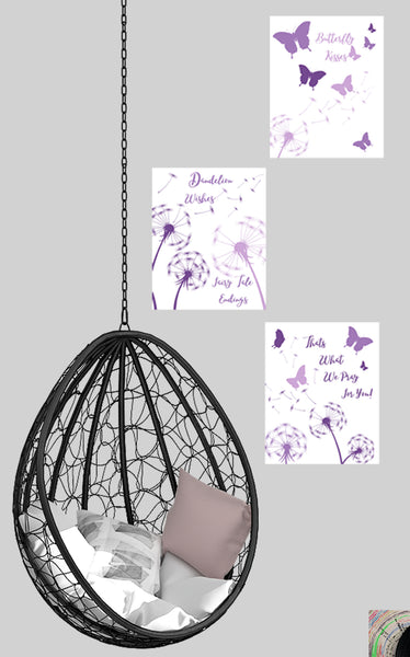Purple Butterfly & Dandelion Flower Wall Art Prints