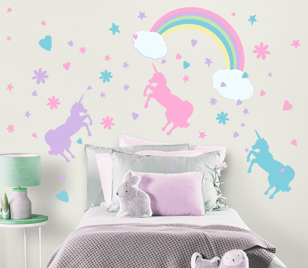 Unicorn Rainbow Wall Decals for Little Girls Bedroom (100 Pieces w/ CUSTOM  Name Stickers)
