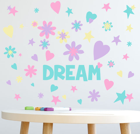 DREAM Word Flowers, Hearts, Stars Girls Wall Decals - Kids Room Mural Wall Decals