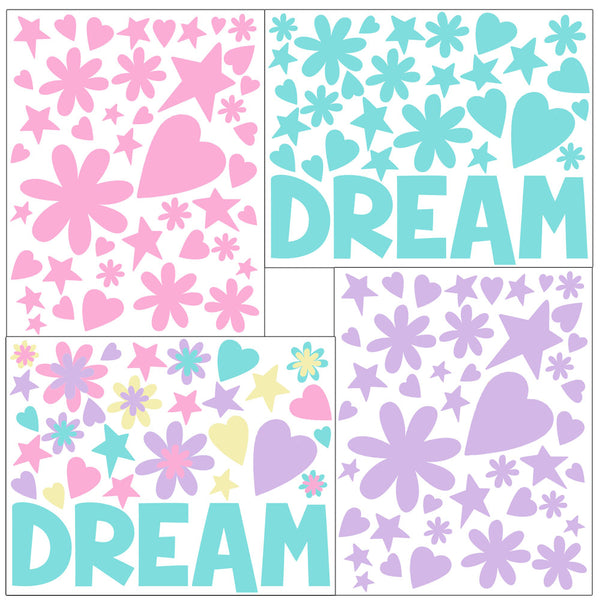 DREAM Word Flowers, Hearts, Stars Girls Wall Decals - Kids Room Mural Wall Decals