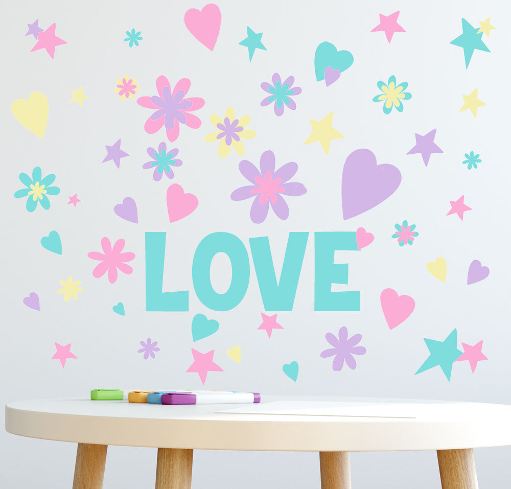 LOVE Word Flowers, Hearts, Stars Girls Wall Decals - Kids Room Mural Wall Decals