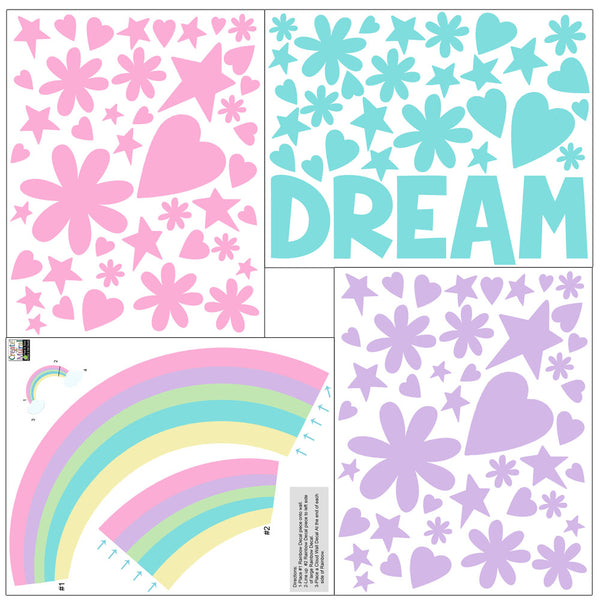 Rainbow Dream Girls Wall Decals (118) Pieces for Bedroom Peel and Stick Wall Decor Stickers for Nursery to Teen Girls - Kids Room Mural Wall Decals