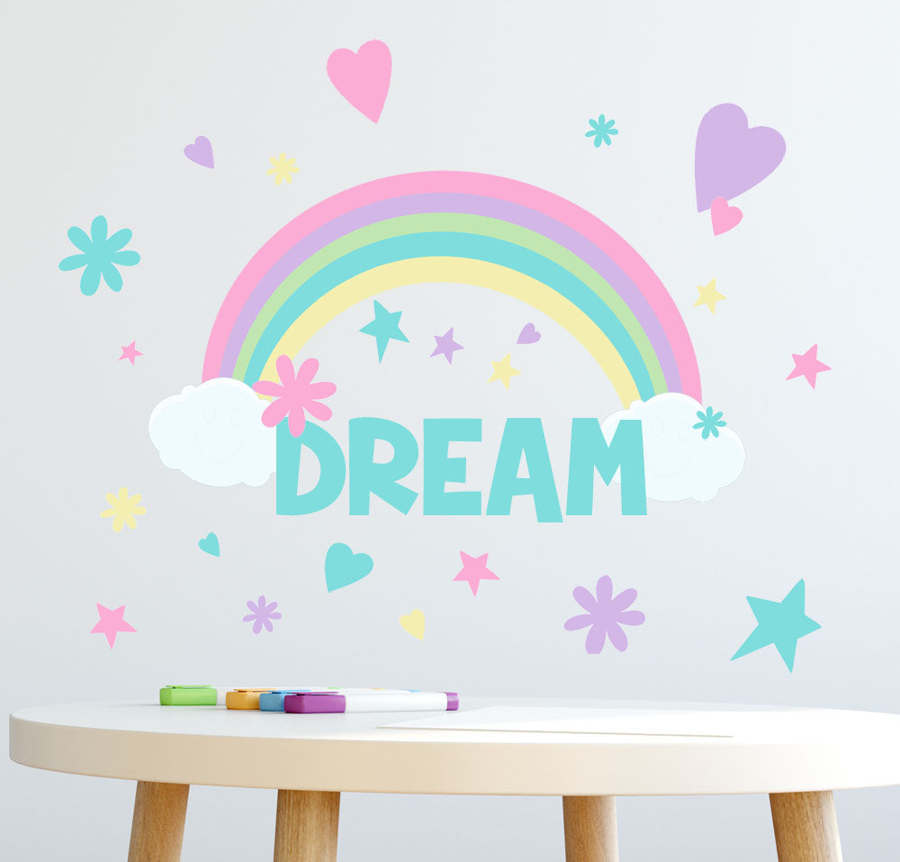 Rainbow Dream Girls Wall Decals (118) Pieces for Bedroom Peel and Stick Wall Decor Stickers for Nursery to Teen Girls - Kids Room Mural Wall Decals