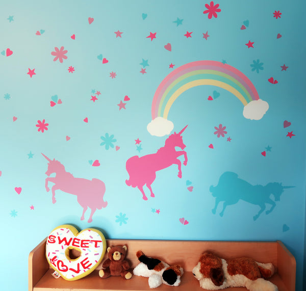 Unicorn Rainbow Wall Decals for Little Girls Bedroom (100 Pieces w/ CUSTOM Name Stickers)
