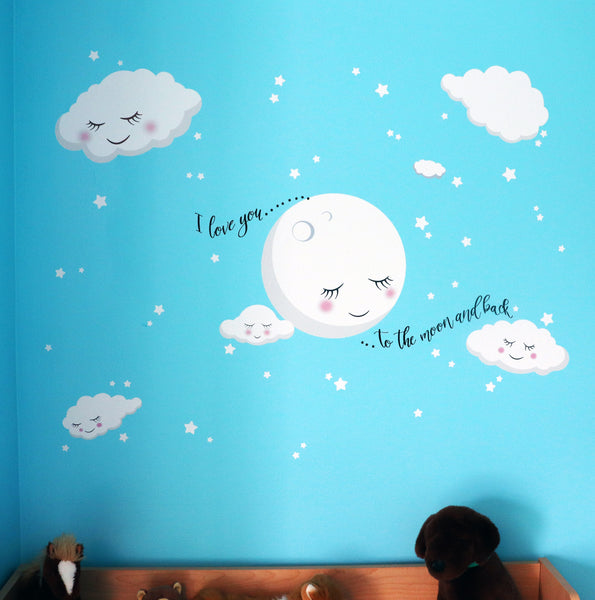 Love You To The Moon and Back Stars, Cloud Baby Nursery Room Wall Decals - Kids Room Mural Wall Decals