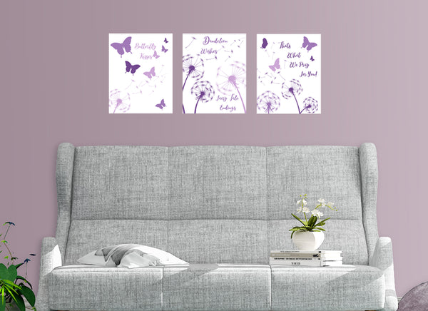 Purple Butterfly & Dandelion Flower Wall Art Prints
