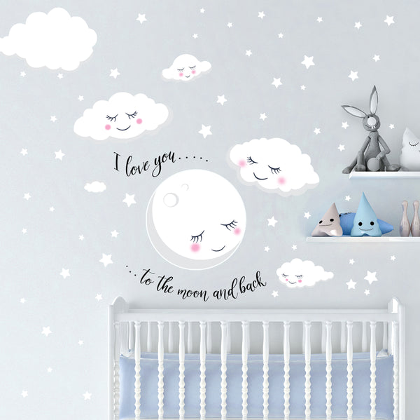 Love You To The Moon and Back Stars, Cloud Baby Nursery Room Wall Decals - Kids Room Mural Wall Decals