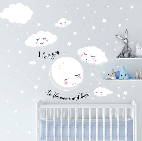 Love You To The Moon and Back Stars, Cloud Baby Nursery Room Wall Decals - Kids Room Mural Wall Decals