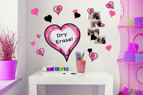 Swirly & Pink, Black Heart Dry Erase Wall Decals - Kids Room Mural Wall Decals