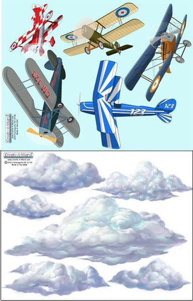 Vintage Plane & Cloud Wall Decals - Kids Room Mural Wall Decals