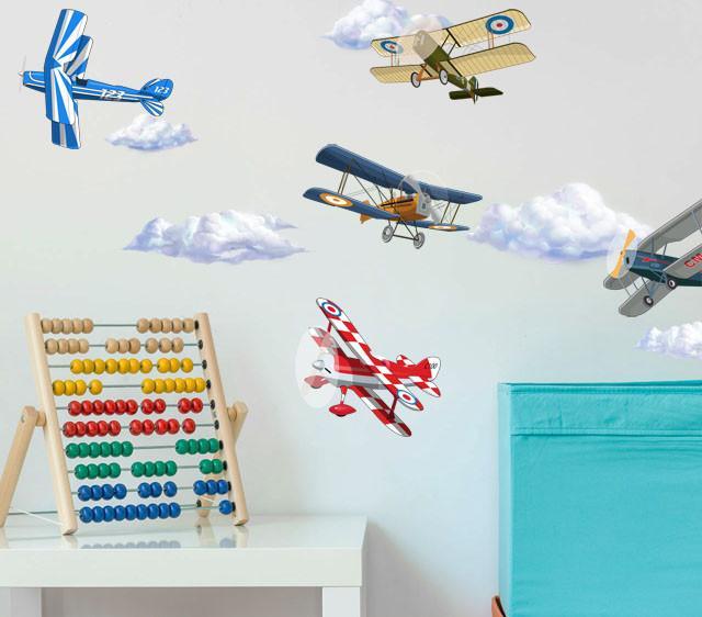 Vintage Plane & Cloud Wall Decals - Kids Room Mural Wall Decals