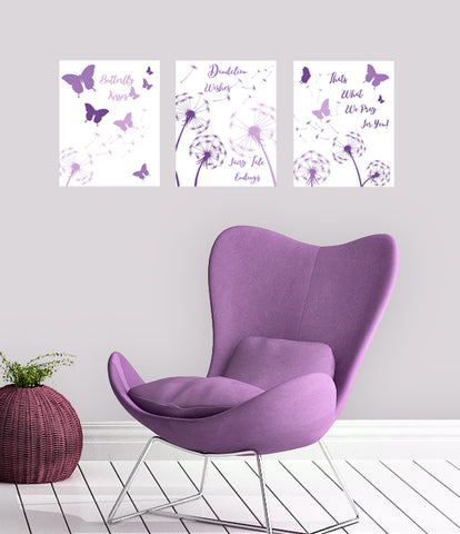 Purple Butterfly & Dandelion Flower Wall Art Prints