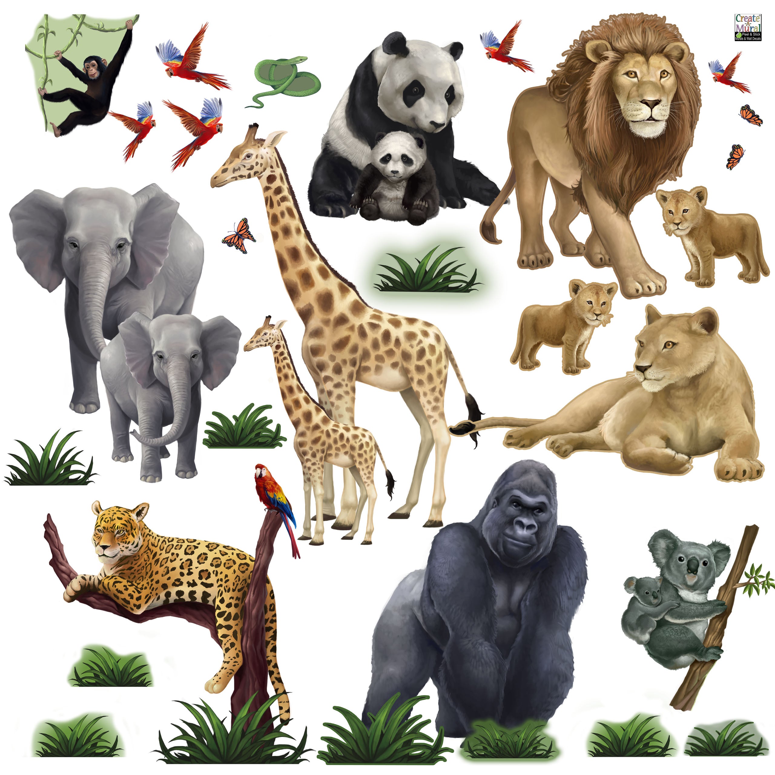 Large Safari Animals and Monkey Wall Decals, Jungle Animal Wall