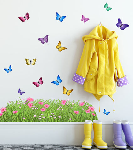 Spring Butterfly Meadow Grass Border Wall Decals - Kids Room Mural Wall Decals