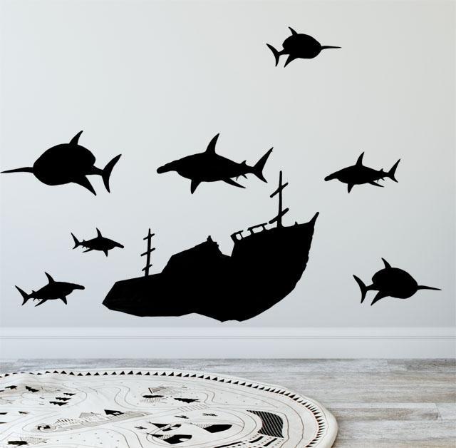 Vinyl Sunken Ship & Shark Wall Decals, Boys Wall Stickers - Kids Room Mural Wall Decals