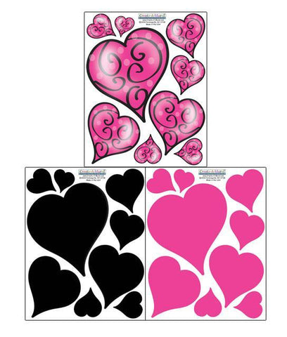 Swirly Pink & Black Heart Wall Decals - Kids Room Mural Wall Decals