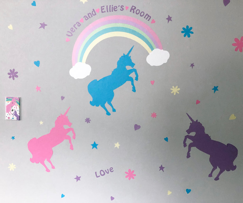 Unicorn Rainbow Wall Decals for Little Girls Bedroom (100 Pieces w/ CUSTOM Name Stickers)